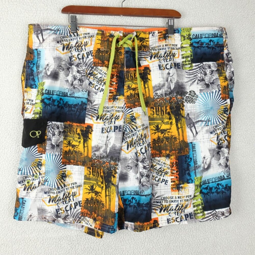 OP Ocean Pacific Swim Trunks Mens 2XL XXL White Blue Colorblock Graphic Vintage